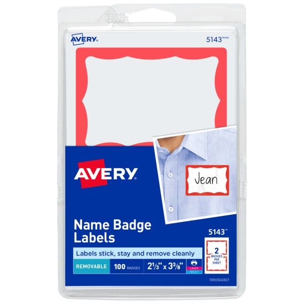 Avery Name Tags, 05143, 2-1/3" x 3-3/8", White With Red Border, 100 Removable Name Badges (AVE5143)