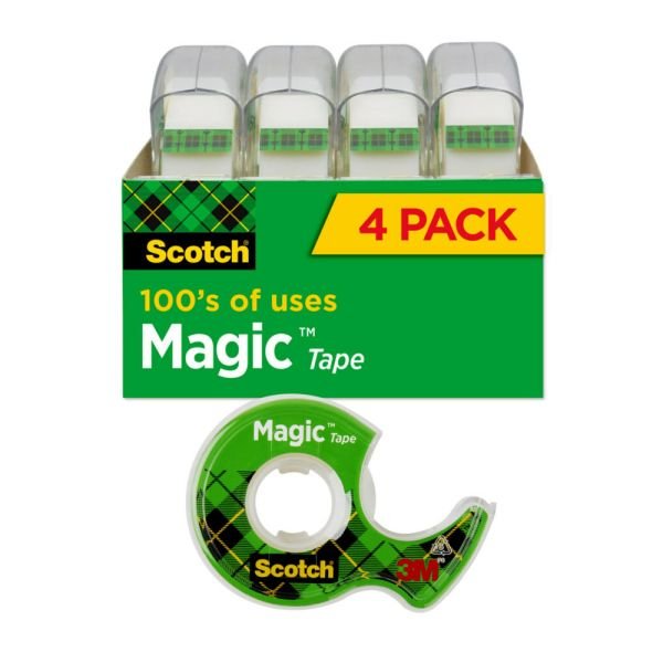 Scotch Magic Tape, Invisible, 4 Tape Rolls with Dispensers, 3/4 in x 300 in, Home Office Supplies and School Supplies for College and Classrooms (MMM4105)