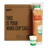 Perk Paper Hot Cups, 10 Oz, White/Teal, 500/Carton (PRKPK54366CT)
