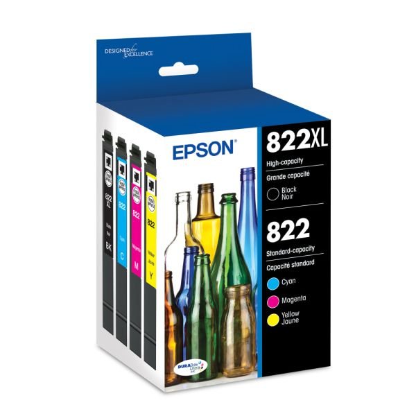 Epson 822XL/822 Black And Cyan, Magenta, Yellow High-Yield Ink Cartridges, Pack Of 4 (ODFN6487019)