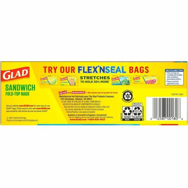 Glad Fold Top Food Storage Plastic Sandwich Bags, 6.5 x 5.5, Clear, 180 Bags/Box, 12 Boxes/Carton (CLO60771) - Image 8