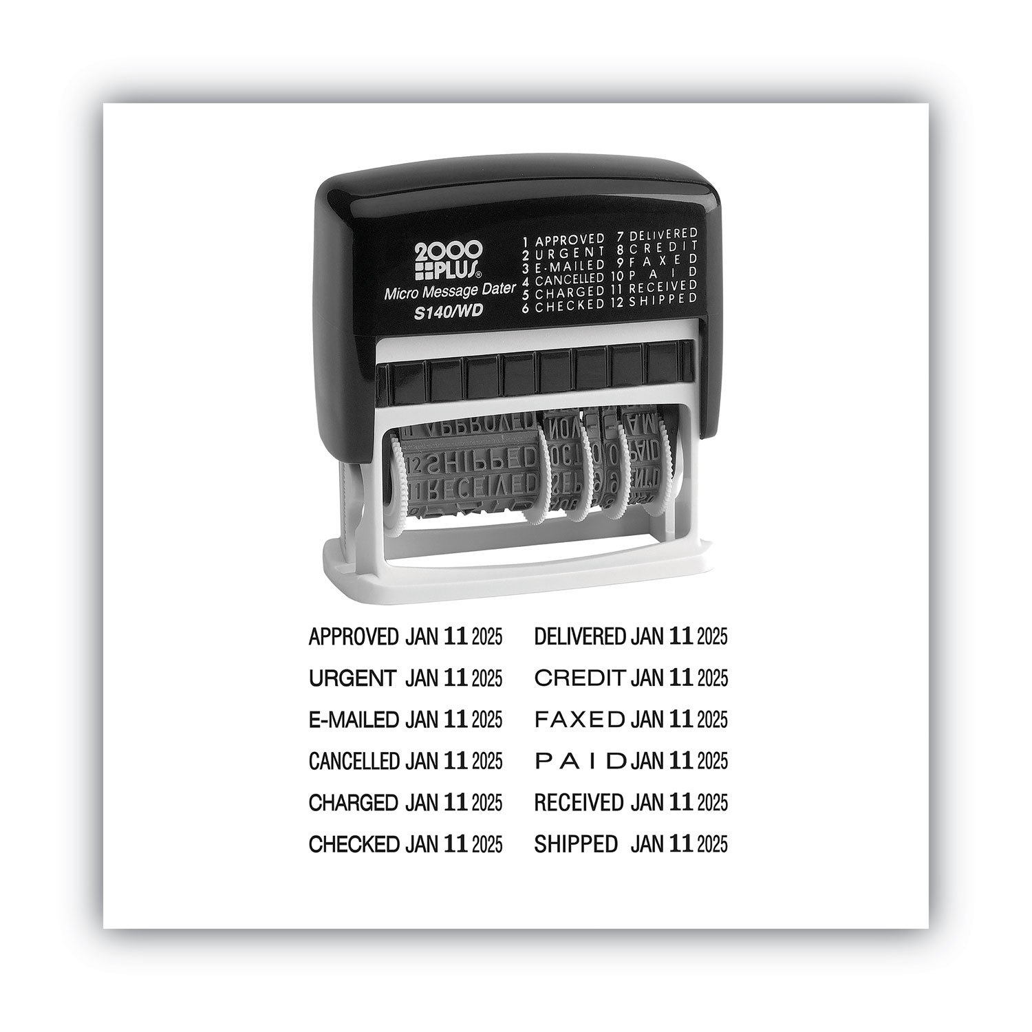 2000 PLUS Date Phrase Dater Stamp Self-Inking 12-in-1 Micro Date Message Dater Stamp, 12 Phrases, Black Ink - 11090 (COS011090) - Image 2