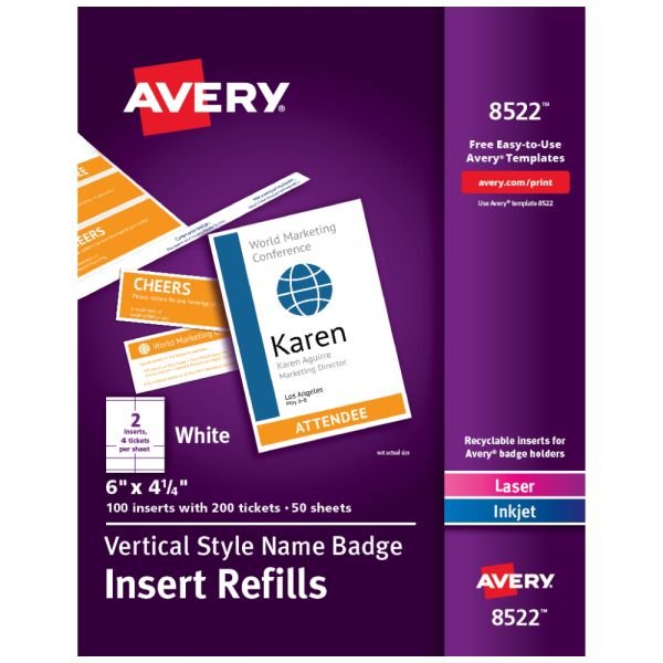 Avery Vertical Name Badge Inserts, 6" x 4 1/4", White, Box Of 100 Inserts (AVE8522)