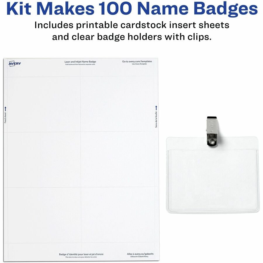 Avery Customizable Name Badges With Clips, Rectangle, 74461, 2-1/4" x 3-1/2", Clear Holders With White Inserts, 100 Badges (AVE74461) - Image 2