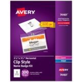 Avery Customizable Name Badges With Clips, Rectangle, 74461, 2-1/4" x 3-1/2", Clear Holders With White Inserts, 100 Badges (AVE74461)