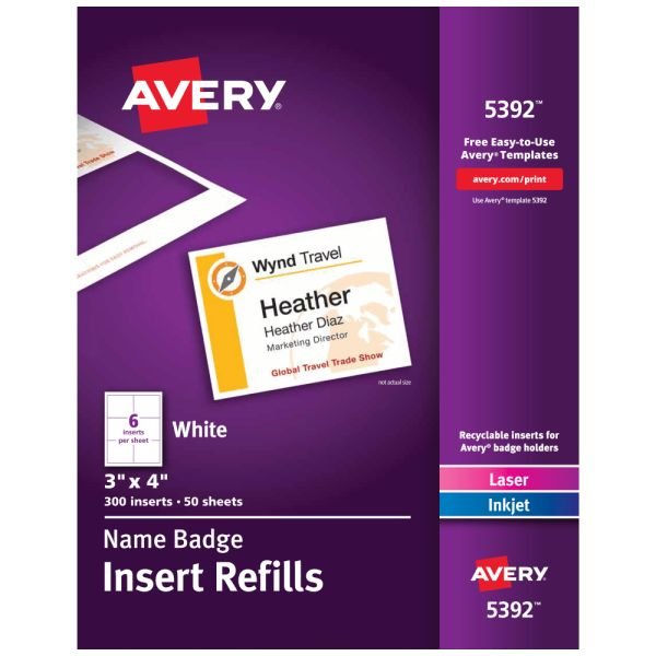 Avery Laser Name Badge Inserts, 3" x 4", Box Of 300 (AVE5392)
