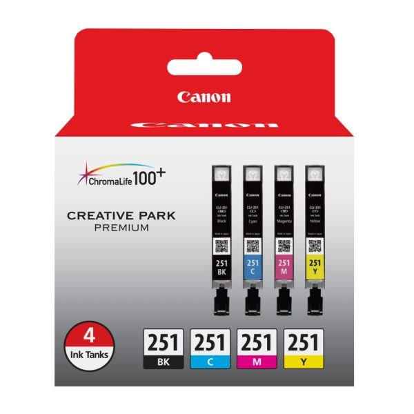 Canon CLI-251 Black And Cyan, Magenta, Yellow Ink Cartridges, Pack Of 4, 6513B004 (CNMCLI251BCMY)