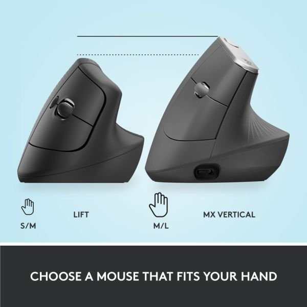 Logitech Lift Vertical Ergonomic Mouse, Graphite, Wireless, Quiet clicks (ODFN7263334) - Image 3