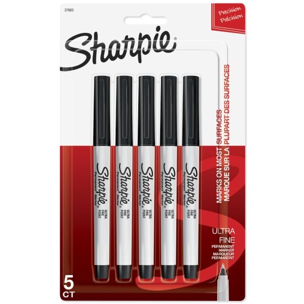 Sharpie Permanent Ultra-Fine Point Markers, Black, Pack Of 5 Markers (SAN37665PP)