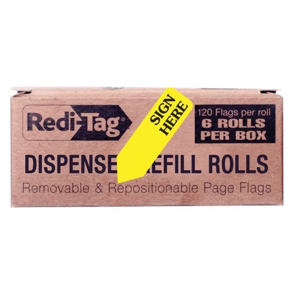 Redi-Tag Sign Here Arrow Flags Dispenser Refills - 720 x Yellow - 1.88" x 0.56" - "SIGN HERE" - Yellow - Removable, Self-adhesive - 6 / Box (RTG91001)