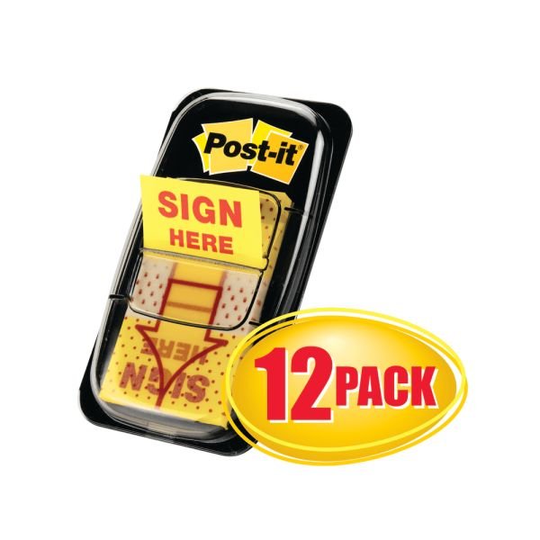 Post-it Flags, 1 in. x 1.7 in., 12 Dispensers, 50 Flags/Dispenser, Yellow, Printed "Sign Here", Back to School Supplies - 680SH12 (MMM680SH12)