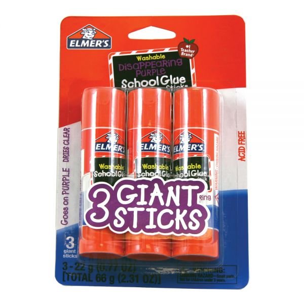 Elmer's Washable Disappearing Purple School Glue Sticks, 0.77 Oz, Pack Of 3 Sticks (ODFN1217512)