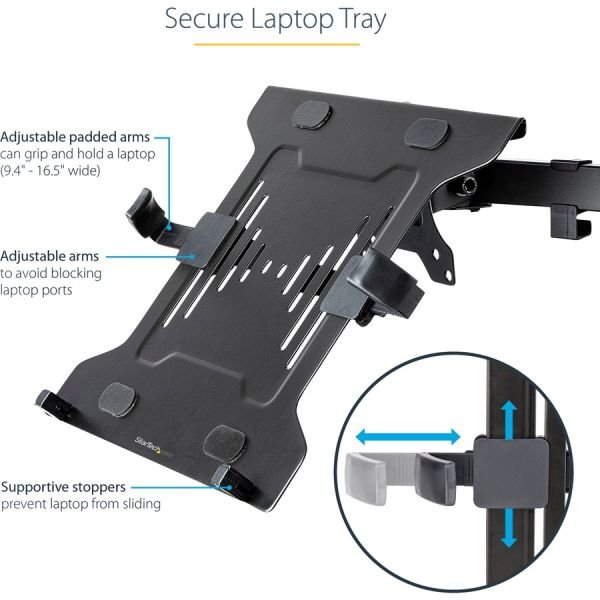 StarTech.com VESA Laptop Tray, Adjustable Monitor Arm Laptop Tray, Secures Notebooks up to 4.5kg (9.9lb), 75x75 & 100x100 VESA, Ventilated (SYNX6456111) - Image 8
