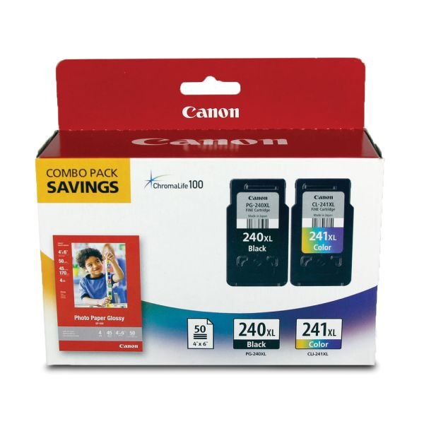Canon PG-240XL/CL-241XL/GP-502 Original High Yield Inkjet Ink Cartridge/Paper Kit - Combo Pack - Black, Tri-color - 2 / Pack (CNM240XCL241XL)