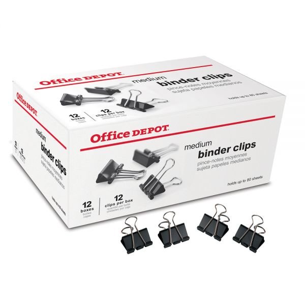 Binder Clips, Medium, 1-1/4" Wide, 5/8" Capacity, Black, Pack Of 144 (12 Boxes Of 12 Clips) (ODFN825190)