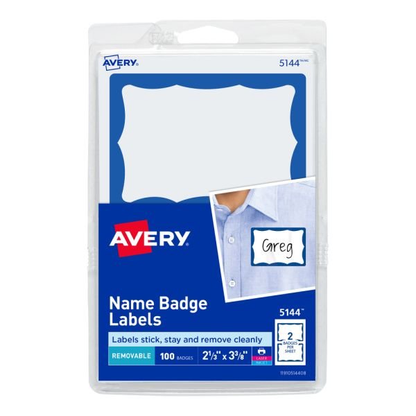 Avery Name Tags, 05144, 2-1/3" x 3-3/8", White With Blue Border, 100 Removable Name Badges (AVE5144)