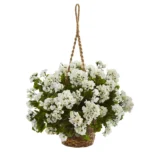 19” Geranium Hanging Basket Artificial Plant UV Resistant (Indoor/Outdoor) (6421-WH)