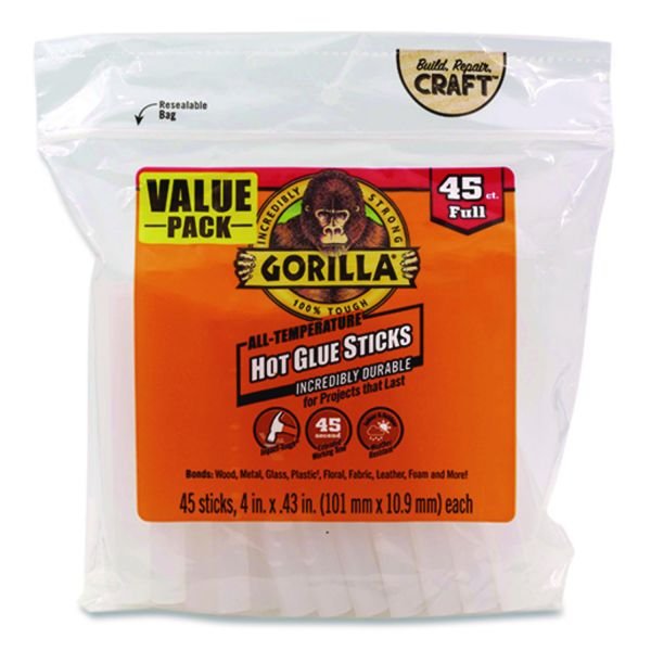 Gorilla Hot Glue Sticks, 0.43" dia x 4", Dries Clear, 45/Pack (GOR3034502)