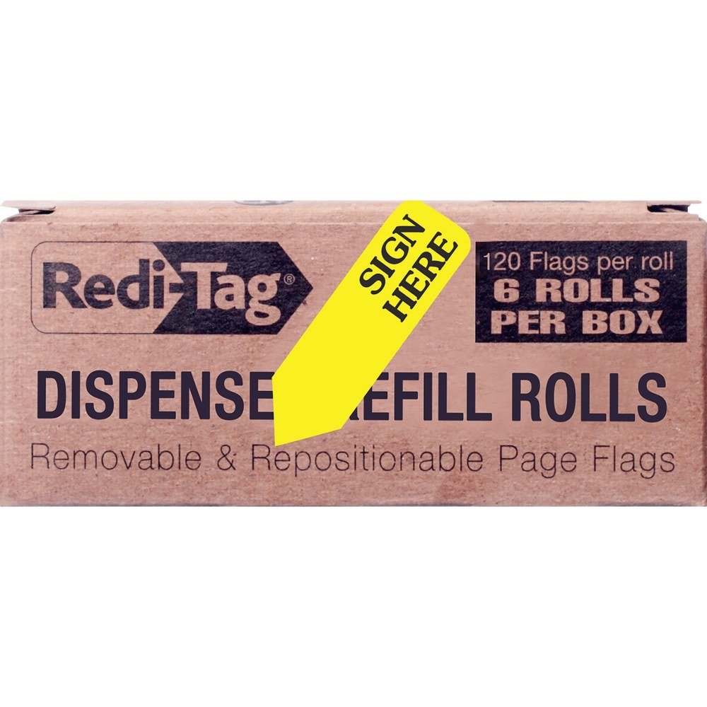 Redi-Tag Sign Here Arrow Flags Dispenser Refills - 720 x Yellow - 1.88" x 0.56" - "SIGN HERE" - Yellow - Removable, Self-adhesive - 6 / Box (RTG91001) - Image 2