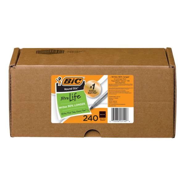 BIC Round Stic Xtra Life Ballpoint Pens, Medium Point, 1.0 mm, Translucent Barrel, Black Ink, Box Of 240 Pens (ODFN8172663)