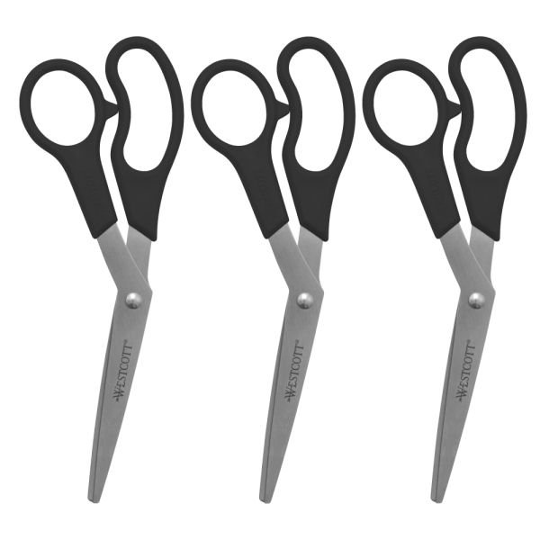 Westcott All-Purpose Value Stainless Steel Scissors, 8", Pointed, Black, Pack Of 3 (ACM13402)