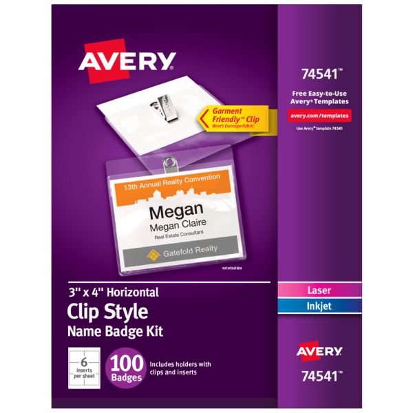 Avery Customizable Name Badges With Clips, Rectangle, 74541, 3" x 4", Clear Holders With White Inserts, 100 Badges (AVE74541)