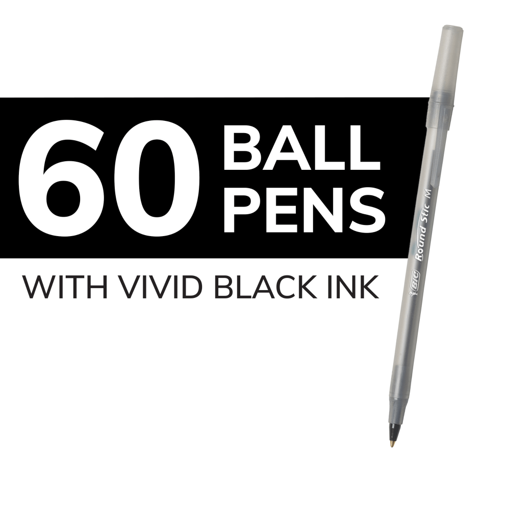 BIC Round Stic Ballpoint Pens, Medium Point, 1.0 mm, Translucent Barrel, Black Ink, Pack Of 60 Pens (BICGSM609BK) - Image 3